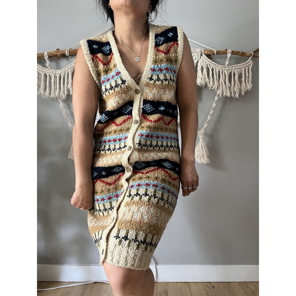 Vtg 90s Sweater Vest dress Tan Fair Isle v neck button down 38 boho Cottage